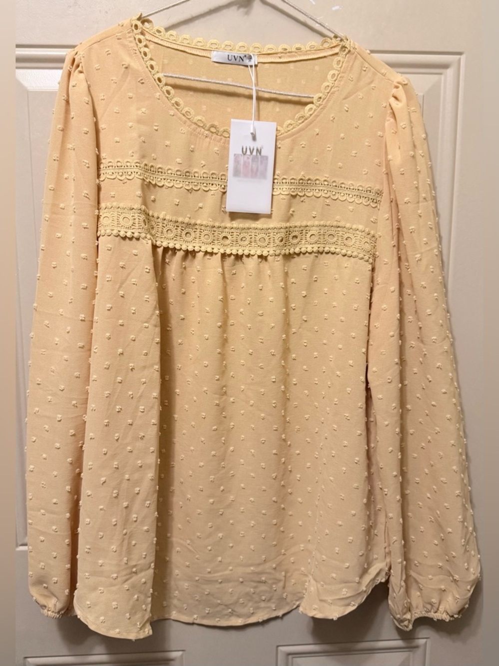 UVN Long Sleeved Pullover Tunic Top in Golden Yellow with Crocheted Trim Size XL